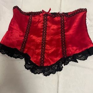 Waist corset in red satin and black lace trim. Vintage 1980s. Boned. Size m
